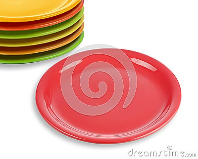 Stack of colorful plates with empty red one Stock Photo