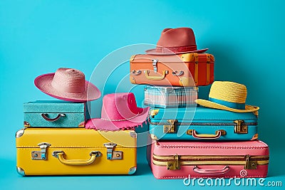 A stack of colorful suitcases with hats on top of them. Generative AI Stock Photo
