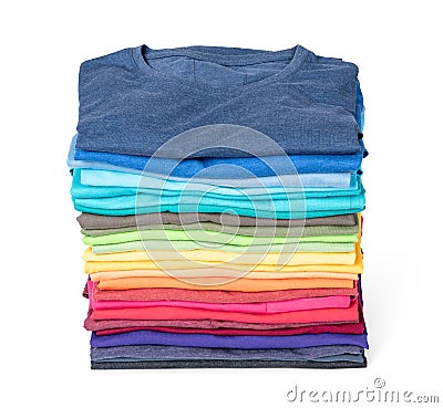 Stack of colorful t-shirt isolated on white background. File contains a path to isolation Stock Photo