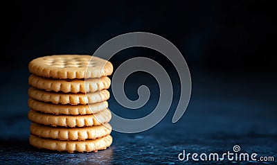 Stack of cookies, golden brown, round shape, smooth texture, placed on dark surface, minimalistic composition Stock Photo