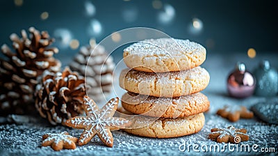 A stack of cookies with a snowflake on top and a pine cone on the bottom. Generative AI Stock Photo
