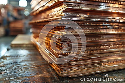 A stack of copper sheets, with each sheet showing its shiny surface and texture. the background is blurred to focus on the me Cartoon Illustration