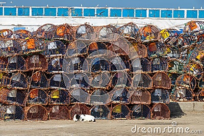 Stack of crab traps is Essaouira port Stock Photo