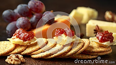 Stack of crackers with apple chutney and other snacks Stock Photo