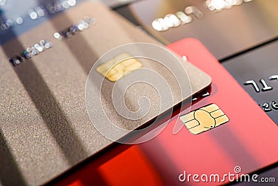 Stack credit cards, close up view with selective focus Stock Photo