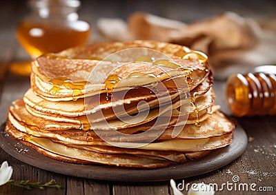 Stack of crepe pancakes with honey and maple syrup.Macro.AI Generative Stock Photo