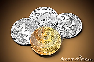 Stack of cryptocurrencies: bitcoin, ethereum, litecoin, monero and dash coin together Editorial Stock Photo