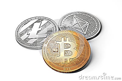Stack of cryptocurrencies: bitcoin, ethereum, litecoin, monero, dash, and ripple coin together Editorial Stock Photo