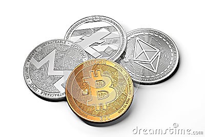 Stack of cryptocurrencies: bitcoin, ethereum, litecoin, monero, dash, and ripple coin together, isolated on white. Editorial Stock Photo