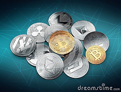 Stack of cryptocurrencies with a golden bitcoin on the front and blockchain nodes around Cartoon Illustration