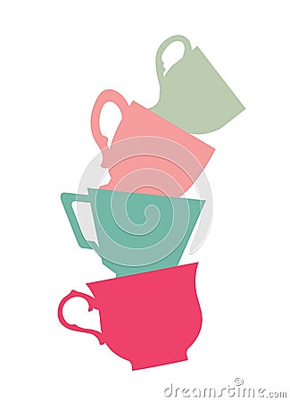 A stack of cute colorful cups. A pyramid of mugs on a white background. Flat design. Vector illustration. Vector Illustration