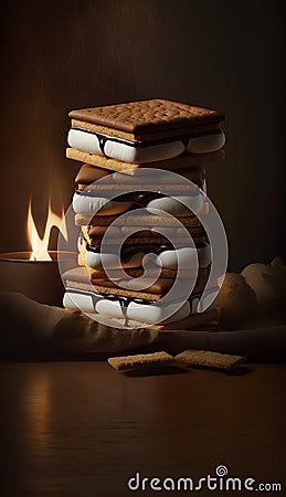 Stack of delicious cookies with hot chocolate on wooden table and dark background Stock Photo