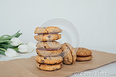 Delicious crumbly sandwich cookies Baci di Dama or Lady kisses with chocolate filling Stock Photo