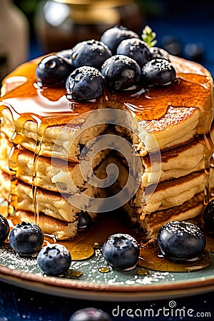 Stack of delicious fluffy homemade pancakes with fresh blueberries and honey on a plate. Traditional American breakfast food Stock Photo