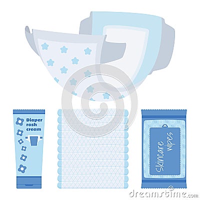 Stack of diapers and skincare products. Vector Illustration