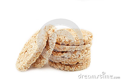 A stack of dietary round, airy, crisp buckwheat crispbread on white background Stock Photo