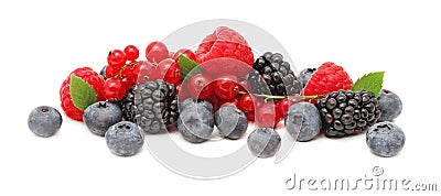 Stack of different berries with green leaves (isolated) Stock Photo