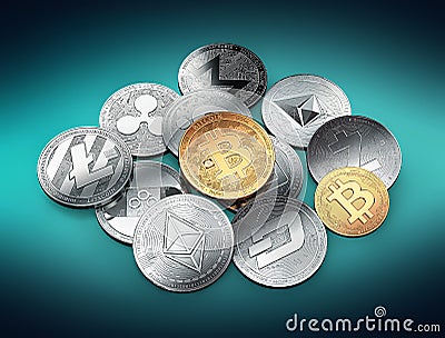 Stack of different cryptocurrencies with a golden bitcoin on the top Cartoon Illustration