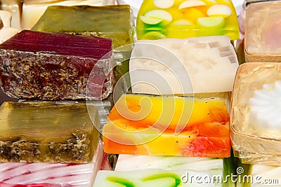 Stack of different natural handmade soaps Stock Photo