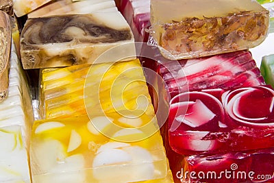 Stack of different natural handmade soaps Stock Photo