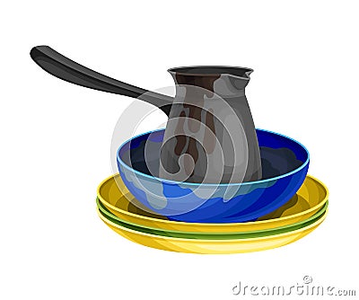 Stack of Dirty Dishes and Utensils with Plates and Jezve Vector Illustration Vector Illustration
