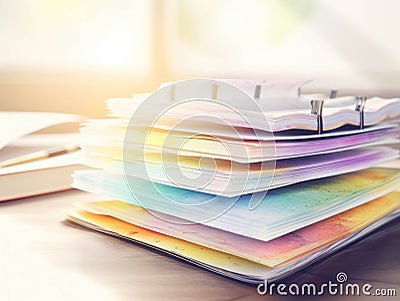 A stack of documents with a colorful highlighter marking out important information necessary for efficient workflow.. AI Stock Photo