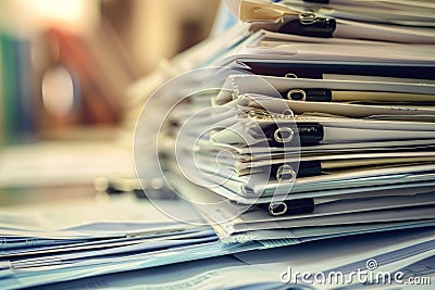 Stack of documents piling up on desk representing overworked office worker Stock Photo