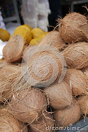 stack of dry coconut display for sale Stock Photo