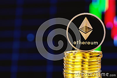 Stack of ether coins with a price chart Stock Photo