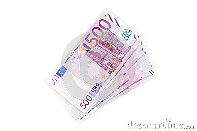 Stack of 500 Euro banknotes. European currency money banknotes isolated on white backdrop. Stock Photo