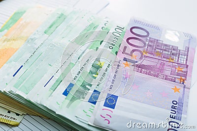Stack euro 50, 100, 200, 500 banknotes. Money, business, finance, saving, banking concept. Exchange Rates. Frame, copy space, top Stock Photo