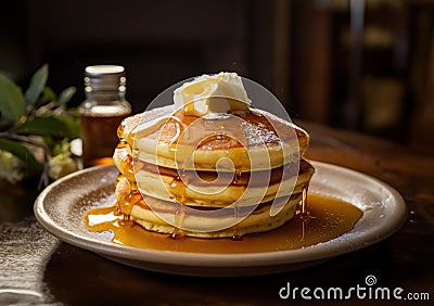 A stack of fluffy American pancakes is drizzled with rich, golden syrup.AI Generated Stock Photo