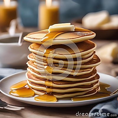 A stack of fluffy and golden pancakes with a pat of melting butter3 Stock Photo