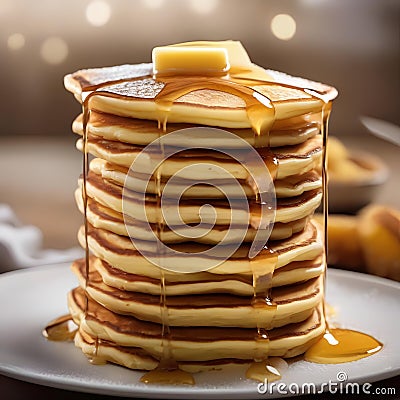 A stack of fluffy and golden pancakes with a pat of melting butter2 Stock Photo