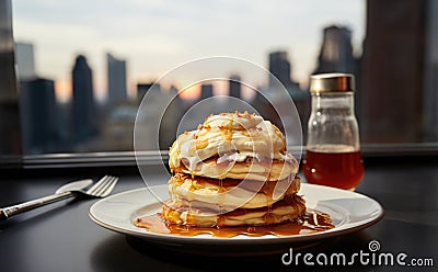 A stack of fluffy pancakes in the caffee bar. AI Generated Stock Photo