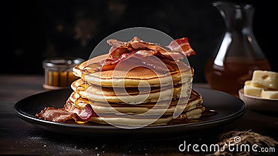 A stack of fluffy pancakes with syrup and a side of bacon three generative AI Stock Photo