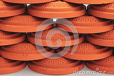 Stack of flying clay pigeon targets on white background , Gun shooting game Stock Photo