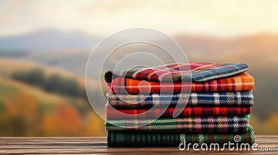 Stack of Folded Tartan Blankets with Scottish Patterns. Generative ai Cartoon Illustration