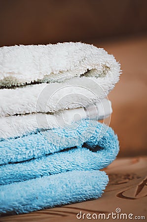 A stack of folded terry towels. Home textiles Stock Photo