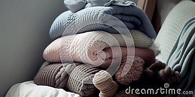 Stack of folded wool knitted baby clothes or blankets. Generative AI. Warm cozy clothes Stock Photo