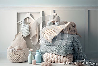 Stack of folded wool knitted baby clothes or blankets. Generative AI. Warm cozy clothes Stock Photo