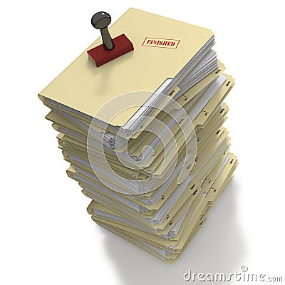 Stack of folders with rubber stamp message of Finished Stock Photo