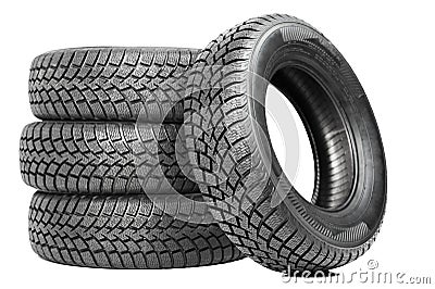 Stack of four car wheel winter tires isolated Stock Photo