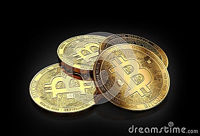 Stack of four golden Bitcoins laying on the black background. Stock Photo