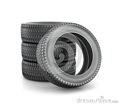 Stack of four wheel new black tyres for car Stock Photo