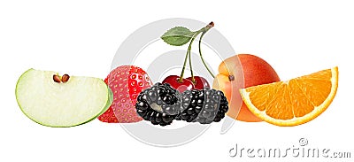 A stack of fresh ripe summer fruits and berries isolated on white background. Blackberry, apple, strawberry, apricot, cherry, oran Stock Photo