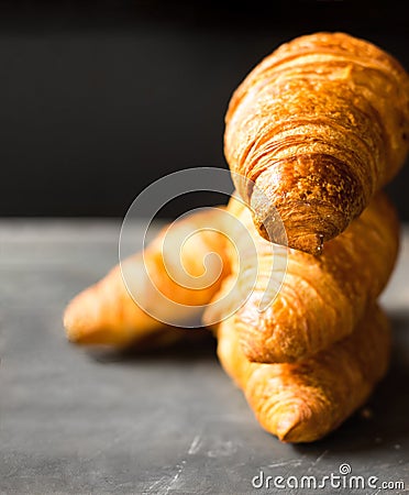 Stack of freshly baked buttery croissants on black background. Appetizing golden delicious crust. Poster for bakery cafe pastry Stock Photo
