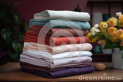 stack of freshly laundered bed linens and towels Stock Photo