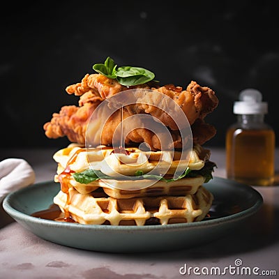 A stack of fried chicken and waffles on a plate. Generative AI image. Stock Photo