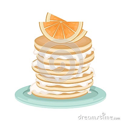 A stack of fried pancakes with whipped cream and orange slices. Delicious breakfast. Cartoon vector illustration Vector Illustration